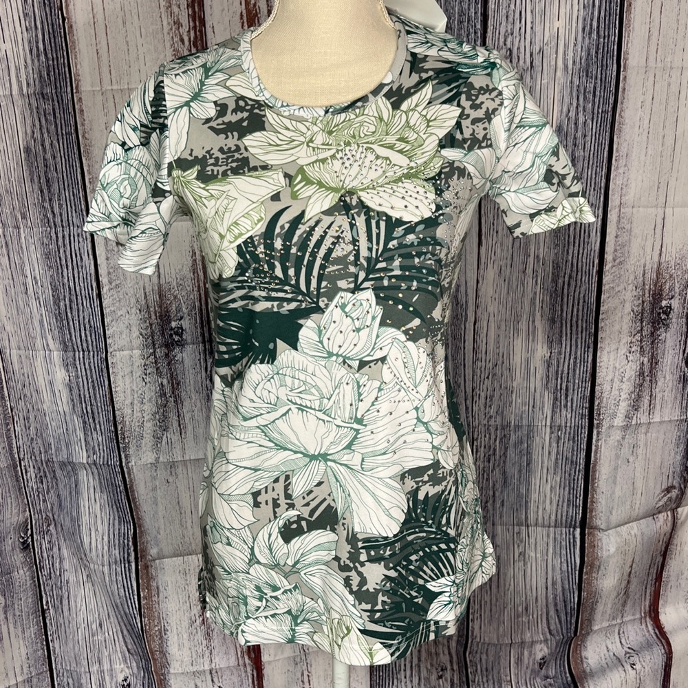 Women’s Quacker Factory green floral rhinestone embellished top XXS (fits S) NEW